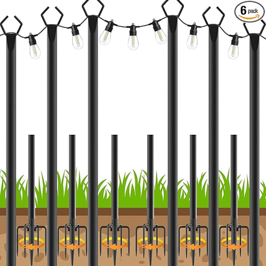AHRLHR 6 Pack String Light Poles, Outdoor String Light Pole 10 ft Forked Metal Light Pole with Adjustable Outdoor Light Stand, Deck, Backyard, Garden, Wedding, Rustproof and Sturdy with Hooks.
