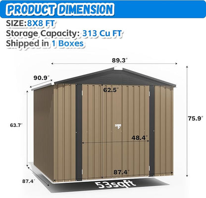 Greesum 8x8FT Outdoor Storage Shed, Utility Tool Shed with Sloping Roof, Metal Storaged Garden Shed with Door & Lock for Patio Storage, Brown