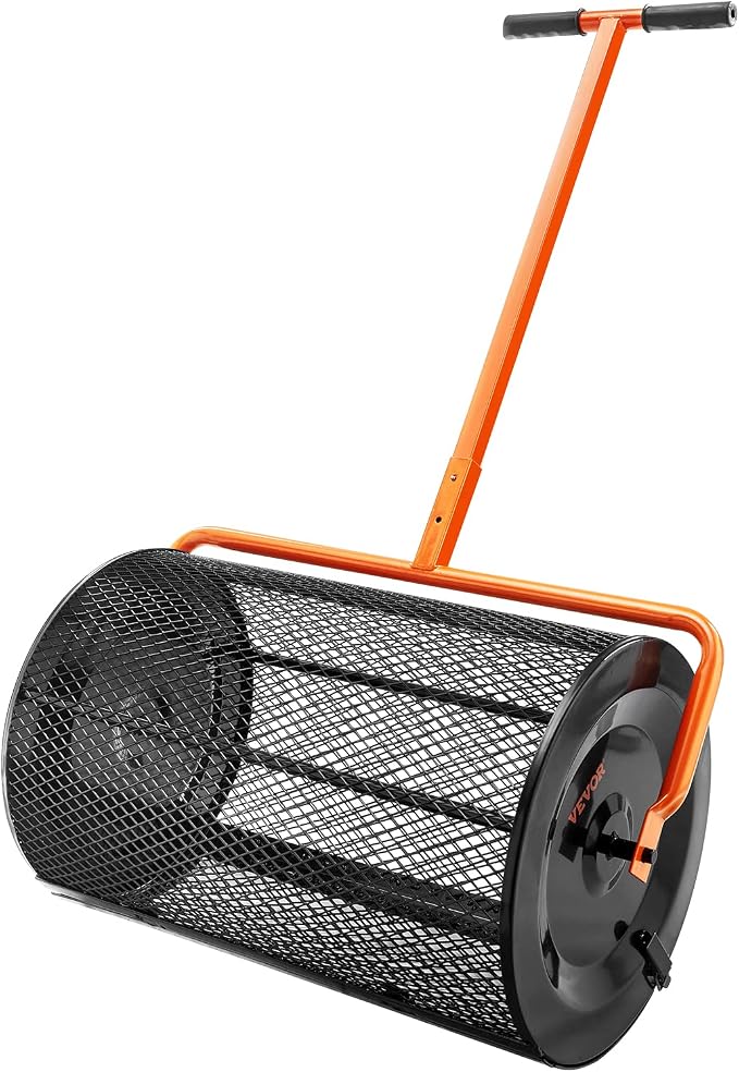 VEVOR Compost Spreader, 24.4-25.6" Height Adjustable Handle, 24" Wide, Lawn and Garden Peat Moss Roller with Side Latches, Powder Coated Steel Mesh Basket for Spreading Manure, Topsoil, Black | 24.4-25.6" Height Adjustable Handle, Powder Coated Steel M...