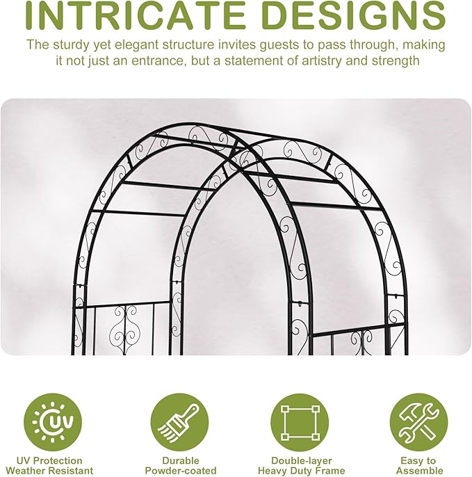 Outvita 7FT Metal Garden Arch Arbor, Black Trellis Frame | Heavy duty metal arbour with 7 in ground stakes; for roses, vines, lawn, patio, wedding & party decor