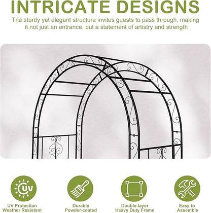 Outvita 7FT Metal Garden Arch Arbor, Black Trellis Frame | Heavy duty metal arbour with 7 in ground stakes; for roses, vines, lawn, patio, wedding & party decor