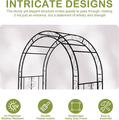 Outvita 7FT Black Metal Garden Arch Arbor with Gate | Heavy duty trellis archway with ground stakes, for climbing roses, patio, wedding & party decor