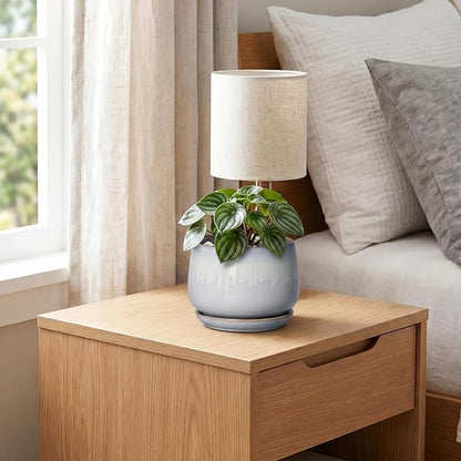 4 Inch Planter - Ceramic Plant Pots for Indoor Plants, Round Succulent Pots with Drainage and Saucer, Decorative Small Planter, Home Desktop Decor, Gardening Gifts for Women, Grey-White