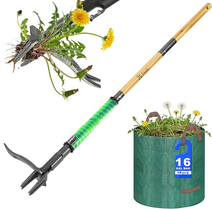 43.5" Weed Puller Tool for Lawn Yard, Dual-Eject Mechanism with Bag | 4-Claw Steel Head,Adjustable 43.5" Bamboo Long Handle,Supports a weight of 265 lbs,Includes 16 Gallon Leaf Bag