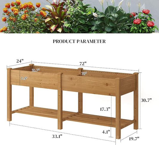 72x24x30.5in Raised Garden Bed Elevated Wood Planter Box with Shelf Garden Planter with Legs for Backyard, Patio, Balcony w/Divider Liner, 300lb Capacity (Brown)