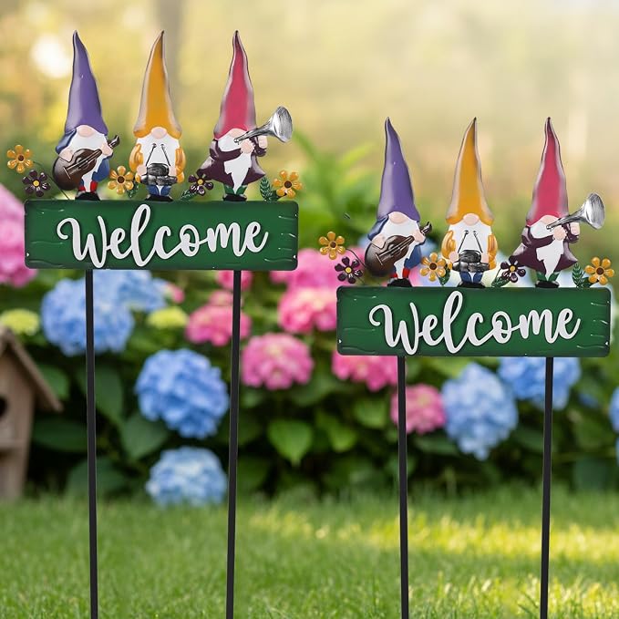 Spring Gnomes Decorations for Yard with Garden Welcome Sign, Large 43.3inch Musical Gnome Decorative Garden Stakes Metal Yard Art for Outdoor Lawn Decorations