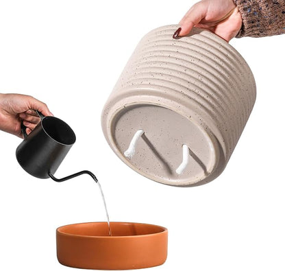 8 Inch Ceramic Self Watering Planter with Drainage Hole, Beige | Indoor Plant Pot with Water Storage Plus - for African Violet, Herbs & Pothos - Home & Office Decor, Cylinder Round