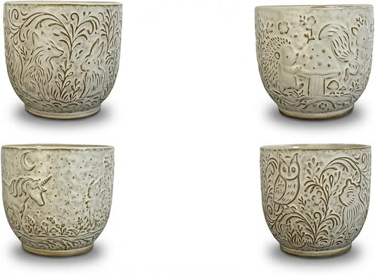 Ceramic Animal Embossed Planter Pots with Drainage Holes and Saucers, 4 Inch, Set of 4, Assorted Designs