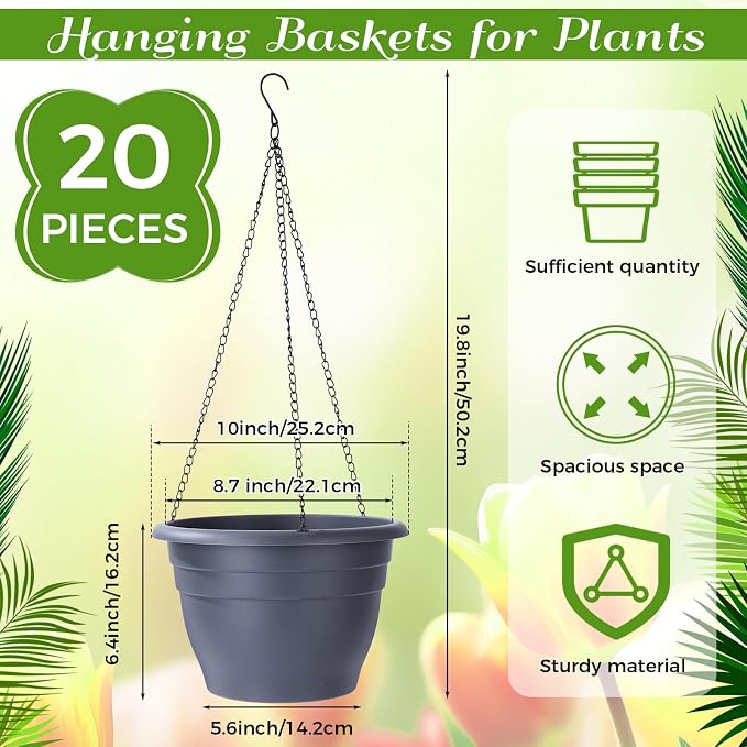 20 Pack 10 Inch Plastic Hanging Planter Bulk Gray Hanging Baskets for Plants with Drainage Trays Self Watering Plant Pot Outdoor Indoor Planter for Garden, Balcony, Porch, Patio Decor