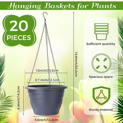 20 Pack 10 Inch Plastic Hanging Planter Bulk Gray Hanging Baskets for Plants with Drainage Trays Self Watering Plant Pot Outdoor Indoor Planter for Garden, Balcony, Porch, Patio Decor