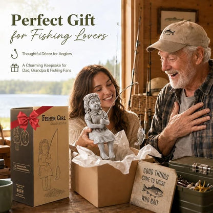 Goodeco Fishergirl Statue Garden Decor - 11" Little Fishing Guy for Koi Pond or Waterfalls, Poolside Statue with Glow in Dark Pebbles Included, Great Gifts for Mom, Women or Birthdays, Gift Ideas