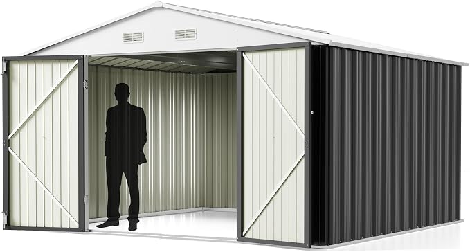 Greesum 10x10FT Outdoor Storage Shed, Utility Tool Shed Metal Storage Shed with Door & Lock for Patio Storage, Garden, Lawn, Gray