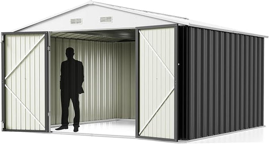 Greesum 10x10FT Outdoor Storage Shed, Utility Tool Shed Metal Storage Shed with Door & Lock for Patio Storage, Garden, Lawn, Gray