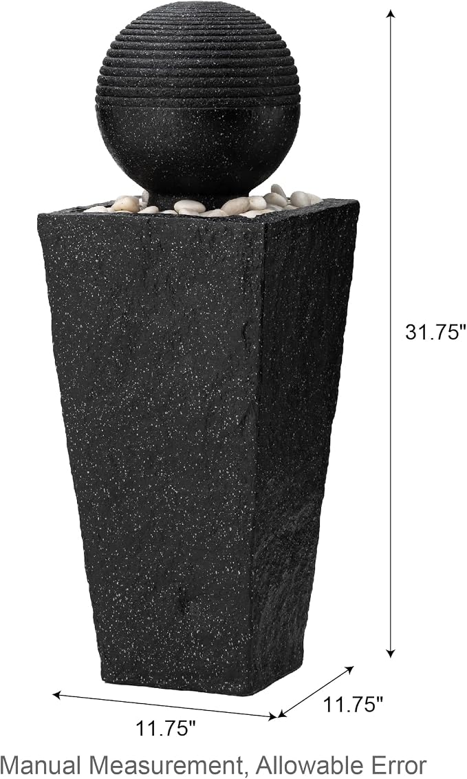 Glitzhome Outdoor Water Fountain with LED Light & Pump, Black Pedestal Sphere Fountain Decorative Water Fountains, Modern Waterfall Floor Fountain with Pebbles for Garden Patio Decor Porch, 31.75”H