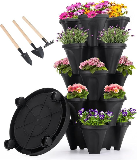 GameXcel Vertical Planter Tower - 5 Tier Stackable Garden Planters with Wheels and Tools Plant Pots for Strawberry Herb Flower and Vegetable Indoor Outdoor Use Black