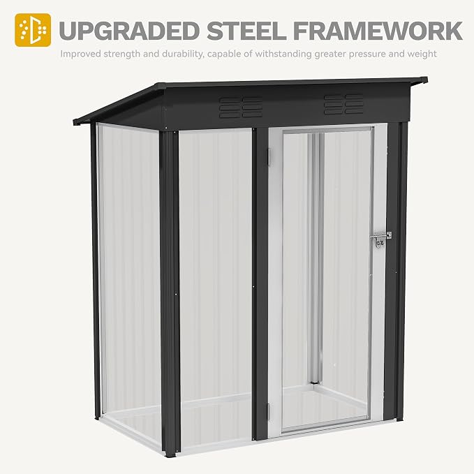 DWVO Metal Outdoor Storage Shed 5x3ft, Lockable Tool Sheds Storage with Air Vent for Garden, Patio, Lawn to Store Garbage Can, Lawnmower, Dark Gray