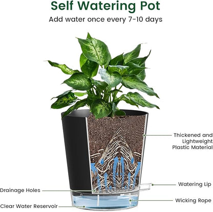 Meowell Self Watering Pots Set of 7 – Assorted Size 4" to 8" Indoor Plant Pots with Drainage Holes and Clear Reservoir for Visible Water Level, Plastic Wicking Planter for House Plants & Flower, Black
