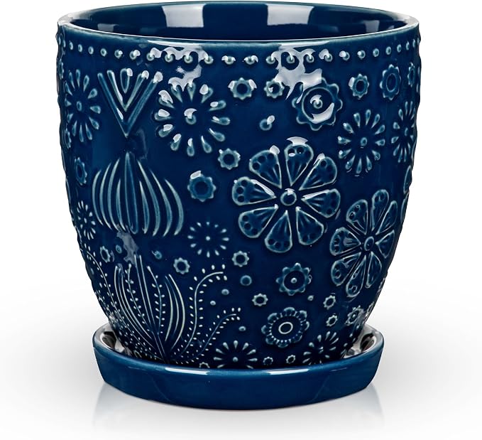 Hollyone 6 Inch Blue Ceramic Planter Flower Plant Pot with Drainage Hole and Saucer for Plants Embossed Indoor Outdoor Garden Embossed Ceramic Glazed Round Pot for Succulent Orchid Mixed Pattern