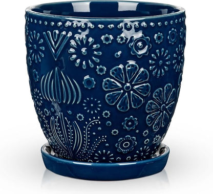 Hollyone 6 Inch Blue Ceramic Planter Flower Plant Pot with Drainage Hole and Saucer for Plants Embossed Indoor Outdoor Garden Embossed Ceramic Glazed Round Pot for Succulent Orchid Mixed Pattern