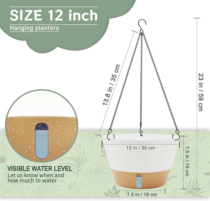 ZMTECH 3 Pack 12 Inch Hanging Planters for Indoor Plants, Large White Self Watering Hanging Planter with Visible Water Level Window & Heavy Duty Chain, Flower Pots for Outdoor Patio