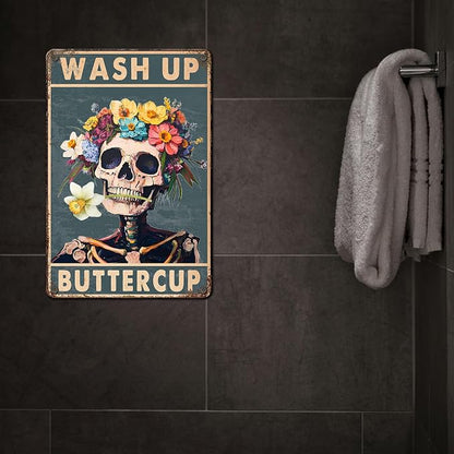 PEACHGARDEN Wash Up Buttercup Metal Sign, Funny Bathroom Decor, Skeleton Skull Bathroom Wall Art, Vintage Floral Aluminum Sign for Restroom Guest Bath Toilet, 8x12 Inch