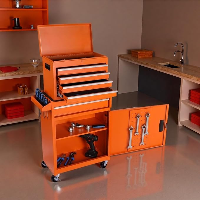 Tool Chest, 5-Drawers Rolling Tool Storage Cabinet with Detachable Top, Adjustable Shelf, Lockable Wheels & Locking Mechanism, Multifunctional Tool Cart for Garage Warehouse, Orange