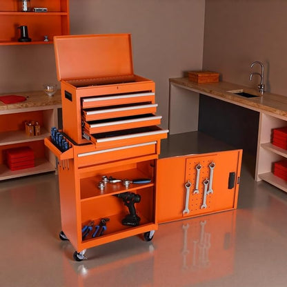 Tool Chest, 5-Drawers Rolling Tool Storage Cabinet with Detachable Top, Adjustable Shelf, Lockable Wheels & Locking Mechanism, Multifunctional Tool Cart for Garage Warehouse, Orange