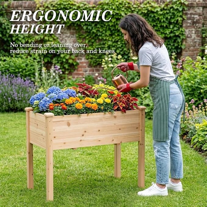 Raised Garden Bed with Legs, 32x16x30 inch Wood Elevated Planter with Protective Liner for Vegetable Flower Herb, Outdoor Planter Box Kit for Balcony Patio Backyard, Natural