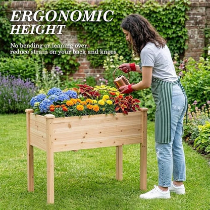 Raised Garden Bed with Legs, 32x16x30 inch Wood Elevated Planter with Protective Liner for Vegetable Flower Herb, Outdoor Planter Box Kit for Balcony Patio Backyard, Natural