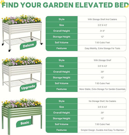 Elevated Raised Garden Bed with Legs - 48''x24''x32'' Galvanized Metal Standing Planter Boxes Outdoor with Bottom Storage Shelf for Backyard, Patio, Balcony, Vegetables, Flowers, White