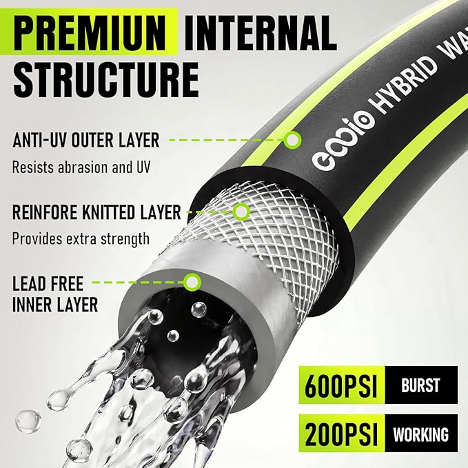 Garden Hose 75ft x 5/8", Heavy Duty Water Hose, Flexible and Durable, Kink Resistant Lightweight Hybrid Hose, Leakproof Yard Hose with Male to Female Fittings