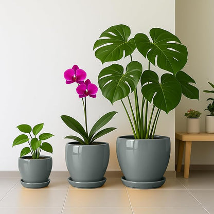 Deep Dream 8 Inch Plant Pots- Ceramic Pots for Plants with Drainage Hole and Saucer, Large Planter Pot for Indoor Plants Outdoor Decor, Grey