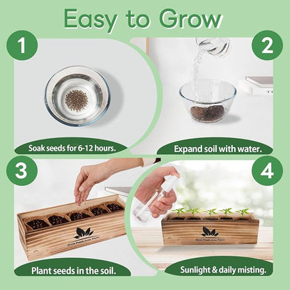Indoor Herb Garden Starter Kit, Unique Gifts 5 Herb Garden Planter Indoor Kit with Wooden Box Including Basil, Cilantro, Thyme, Parsley, Mint, Fresh Herb Garden, Gardening Gifts for Women