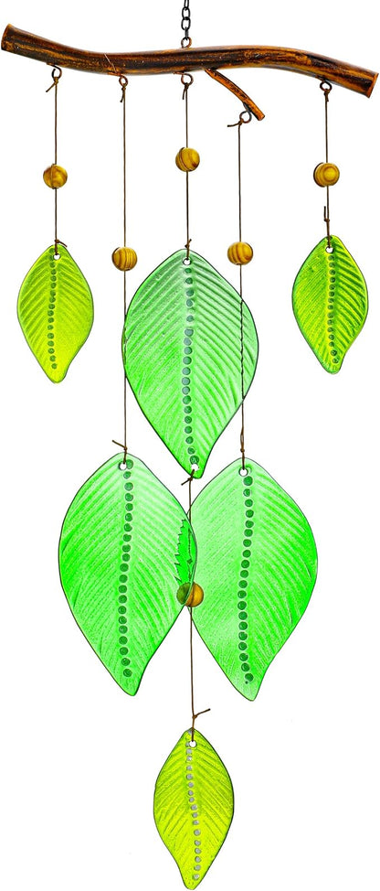 YU FENG 20 Inch Green Stained Glass Wind Chimes with Leaves Outdoor Decor | Handmade Glass Wind Chime, Leaf Forest Ornament, Rainbow Light Effect, Garden Yard Window Hanging Decoration