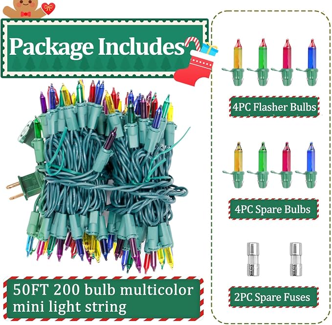Multicolor Christmas Lights Outdoor, 50FT 200 Count Incandescent Mini Christmas Lights Green Wire, Waterproof Fairy Lights, Connectable Xmas String Lights for Christmas Tree, Garland, Wedding Decor