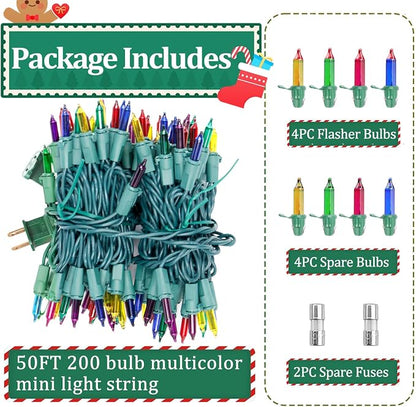 Multicolor Christmas Lights Outdoor, 50FT 200 Count Incandescent Mini Christmas Lights Green Wire, Waterproof Fairy Lights, Connectable Xmas String Lights for Christmas Tree, Garland, Wedding Decor
