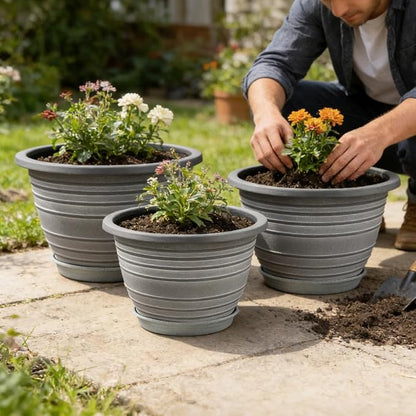 KPUVX Large-Planter-Indoor-Outdoor Plant Pots, 12 inch 3 Pack Plastic Flower Pots with Saucer and Drainage Holes, Retro Antique Imitation Decorative Garden Containers Sets for Houseplant