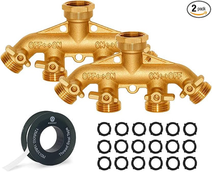 Morvat Brass 4-Way Splitter LEAD-FREE, Heavy-Duty Garden Hose Manifold Connector with Improved Comfort Grip ON/OFF Valves, Adapter for Water Faucet & Spigot, Includes 16 Washers, Teflon Tape (2-Pack)