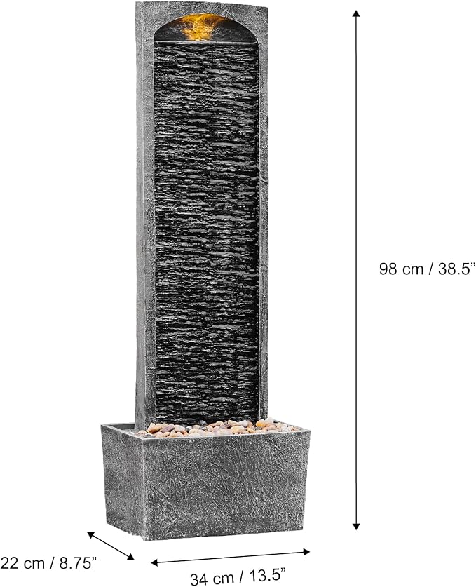 Teamson Home 38.5" Faux Slate Contemporary Outdoor LED Waterfall Fountain with Pebble Base, Gray/Black | Contemporary, Pebble Base
