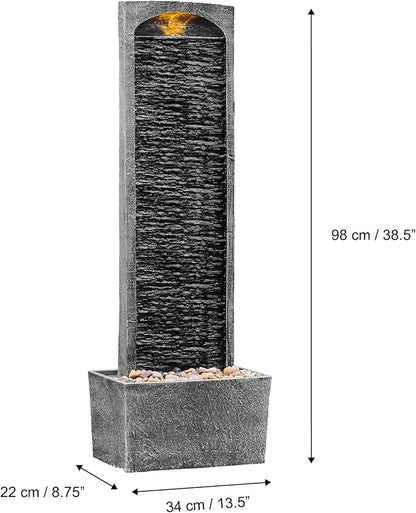 Teamson Home 38.5" Faux Slate Contemporary Outdoor LED Waterfall Fountain with Pebble Base, Gray/Black | Contemporary, Pebble Base