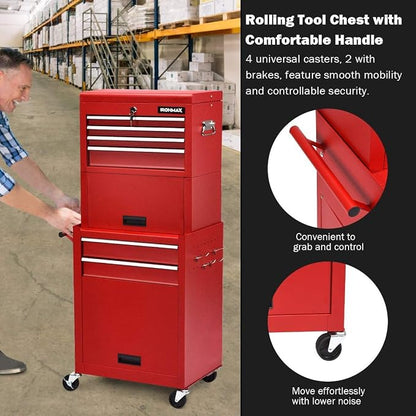 ARLIME 6-Drawer Rolling Tool Chest, Tool Storage Cabinet W/Sliding Drawers, Detachable Top Box & Locking System, Removable Toolbox Organizer for Garage & Warehouse (Red)