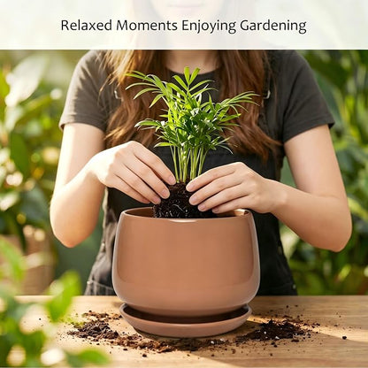 7.5 Inch Ceramic Planter with Saucer,Modern Garden Pots with Drainage Hole Mesh Net, for Indoor Outdoor Use(Reddish Brown)