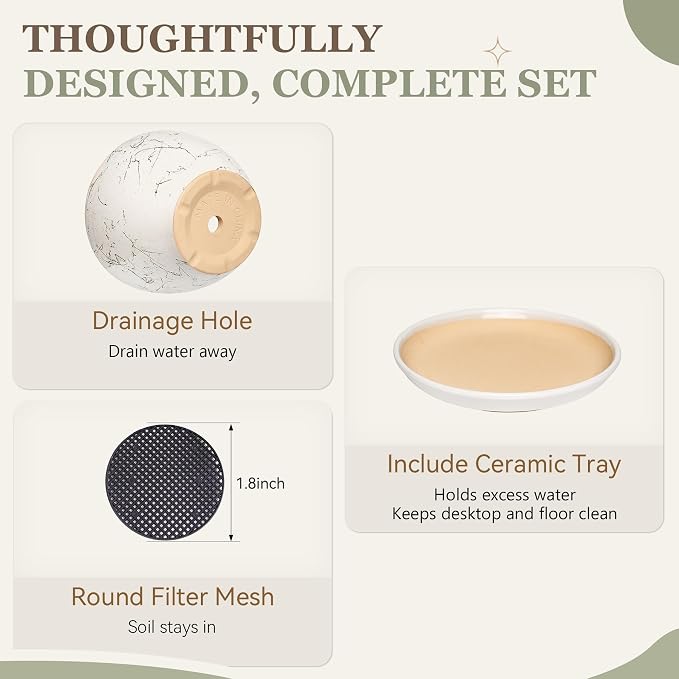 9.5 Inch Ceramic Plant Pot with Drainage Hole Mesh Net,Modern Gardening Pots for Indoor Plants with Saucer, White Silk