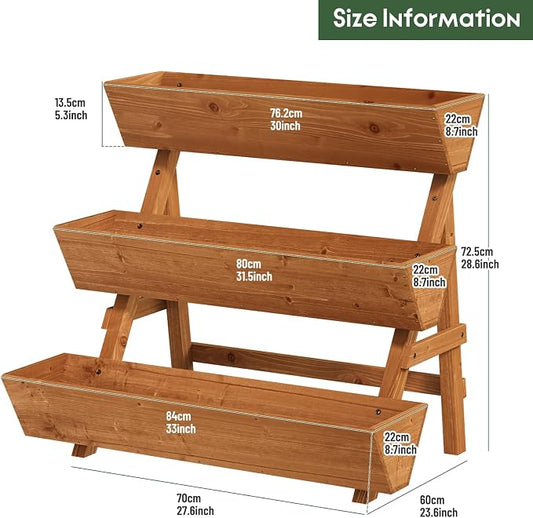 3-Tier Vertical Wooden Raised Garden Bed, Freestanding Garden Planter Box, Wood Flower Rack, Planter Box for Herbs, Vegetables, Outdoor Indoor Use, Large-Brown