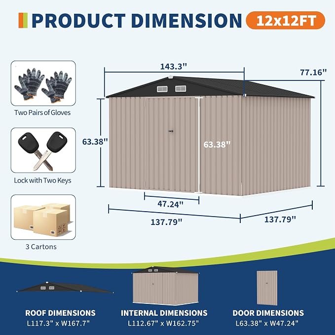 GarveeLife 12x12x6.4 ft Outdoor Storage Sheds, Metal Garden Tool Shed for Backyard, Large Metal Sheds Outdoor Storage With Lockable Doors & Air Vents for Backyard Garden Patio Lawn