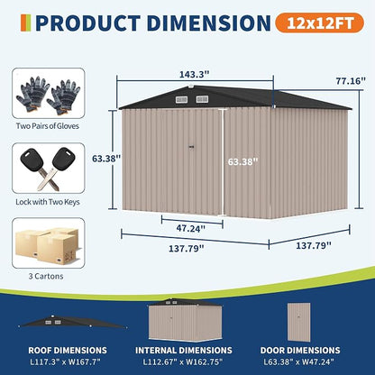 GarveeLife 12x12x6.4 ft Outdoor Storage Sheds, Metal Garden Tool Shed for Backyard, Large Metal Sheds Outdoor Storage With Lockable Doors & Air Vents for Backyard Garden Patio Lawn