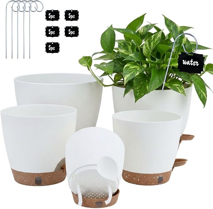 5-Pack Self Watering Flower Pots for Indoor Plants, 10/9/8/7/6.5Inch PP Plastic Plant Pots Indoor with Drainage & Water Level Indicator, Indoor Planters with Drainage, Self Watering Planters, White