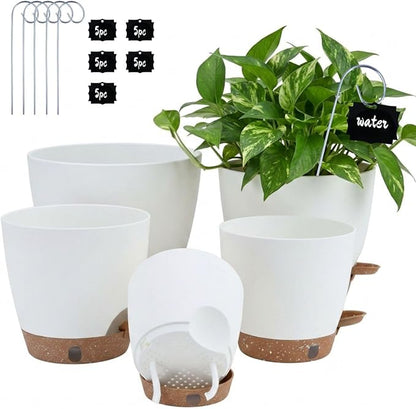 5-Pack Self Watering Flower Pots for Indoor Plants, 10/9/8/7/6.5Inch PP Plastic Plant Pots Indoor with Drainage & Water Level Indicator, Indoor Planters with Drainage, Self Watering Planters, White