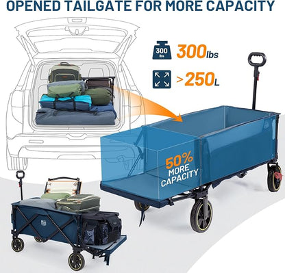 Timber Ridge 49" Extra Long Collapsible Folding Wagon with Tailgate and Brakes, 300lbs Heavy Duty Foldable Wagon with Adjustable Handle, 250L Capacity Portable Cart for Outdoor Camping Sports, Blue