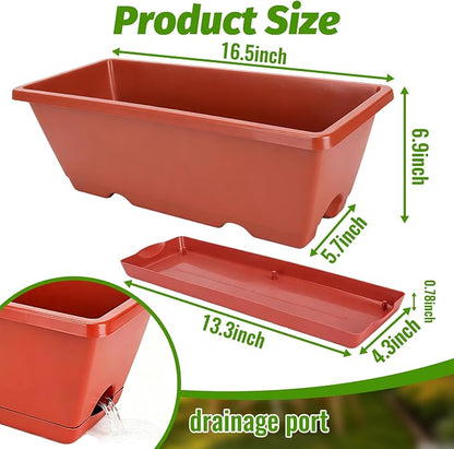 7 Pack Window Box Planters, 17 Inch Plastic Rectangular Flower Pots for Indoor/Outdoor Plants, Herbs, Vegetables, Includes Trowel, Waterproof Mat & Gloves (Brick-red)